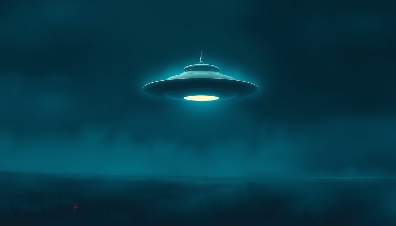 Glowing UFO hovering over a moonlit field — alien dream meaning, the unfamiliar and wonder