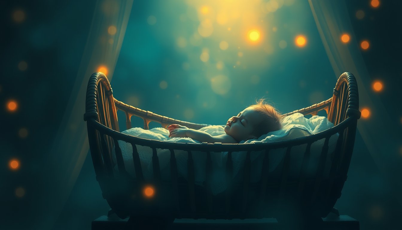 Small baby sleeping in a moonlit crib of light — baby dream meaning, innocence and new beginnings