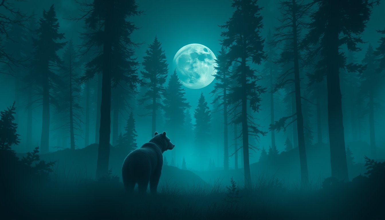 Great bear standing in a misty moonlit forest — bear dream meaning, strength and protection