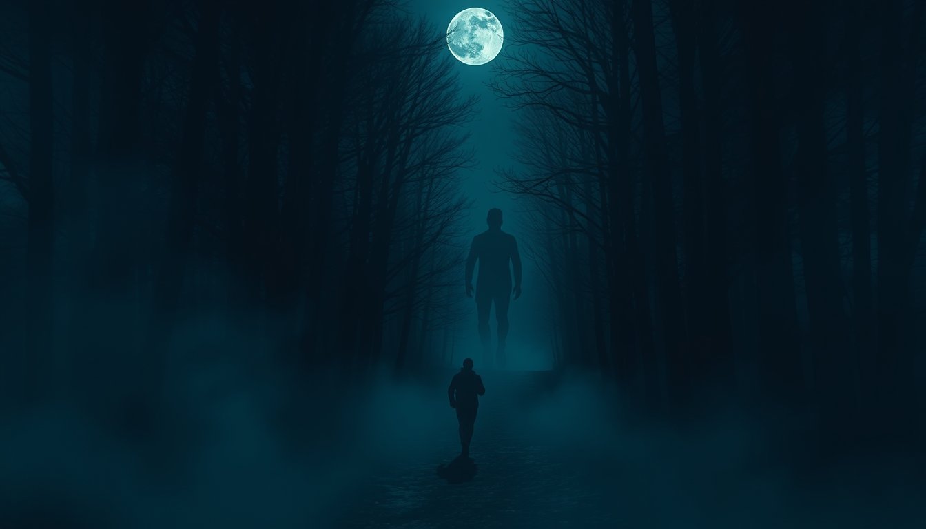 A lone figure running through a misty moonlit forest — being chased dream meaning
