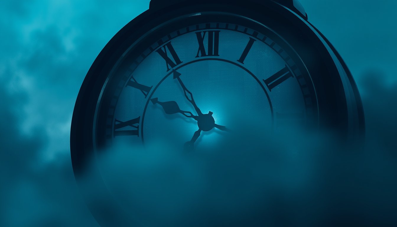 Clock face glowing in misty twilight — being late dream meaning, pressure and missed opportunities