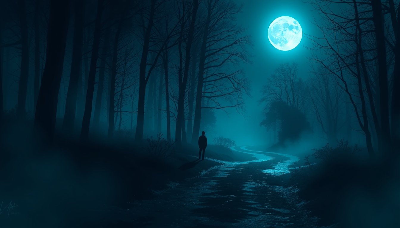 Lone figure standing at a fork in a misty moonlit forest path — being lost dream meaning, uncertainty