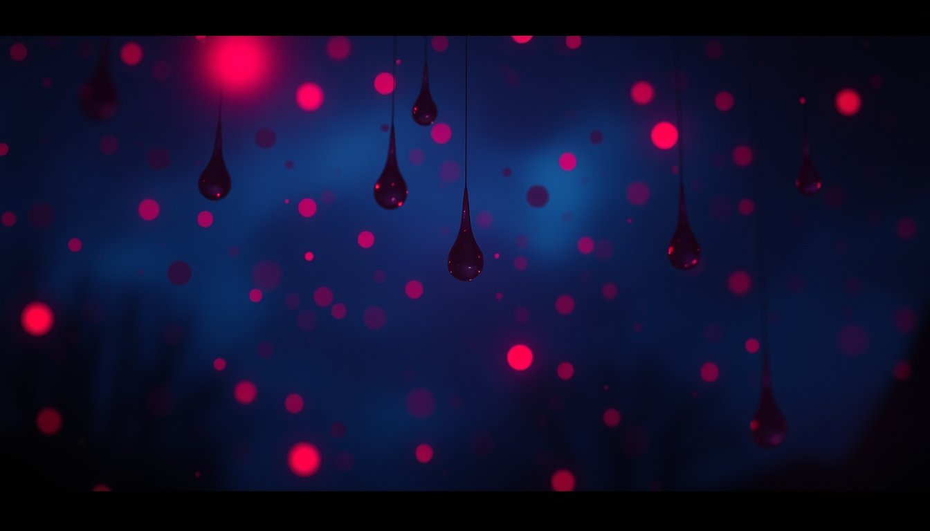 Glowing red droplets suspended in dark dream air — blood dream meaning, life force and energy