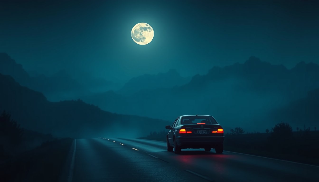 Car driving down a moonlit road through misty hills — car dream meaning, control and life direction