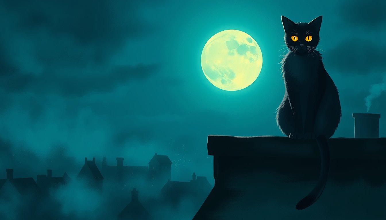 Mysterious cat with glowing eyes on a moonlit rooftop — cat dream meaning, independence and intuition