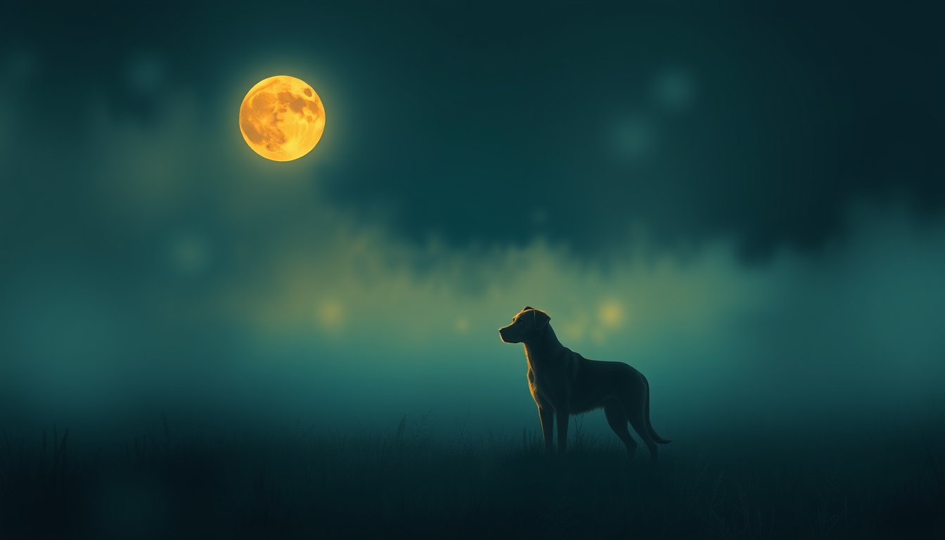 Loyal dog standing in a moonlit meadow — dog dream meaning, loyalty and friendship