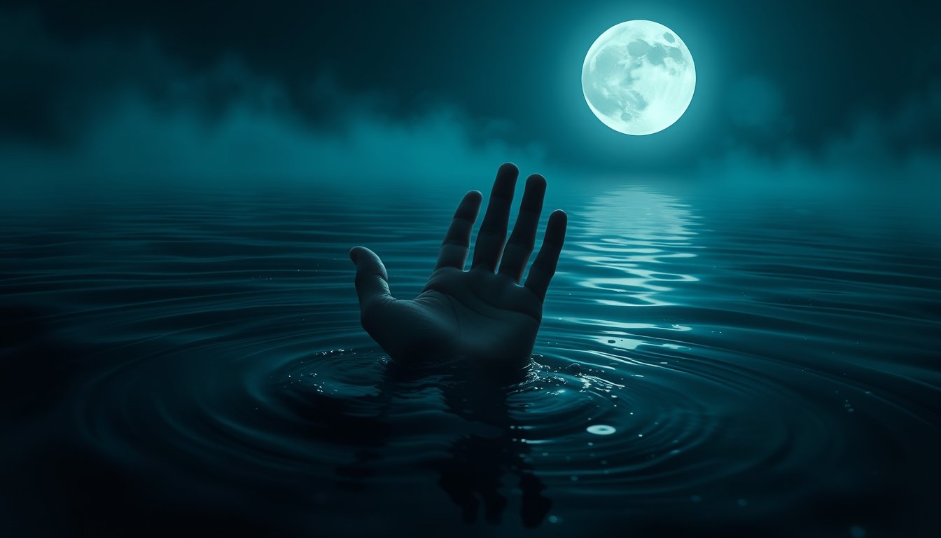 Hand reaching up through dark water toward moonlight — drowning dream meaning, feeling overwhelmed