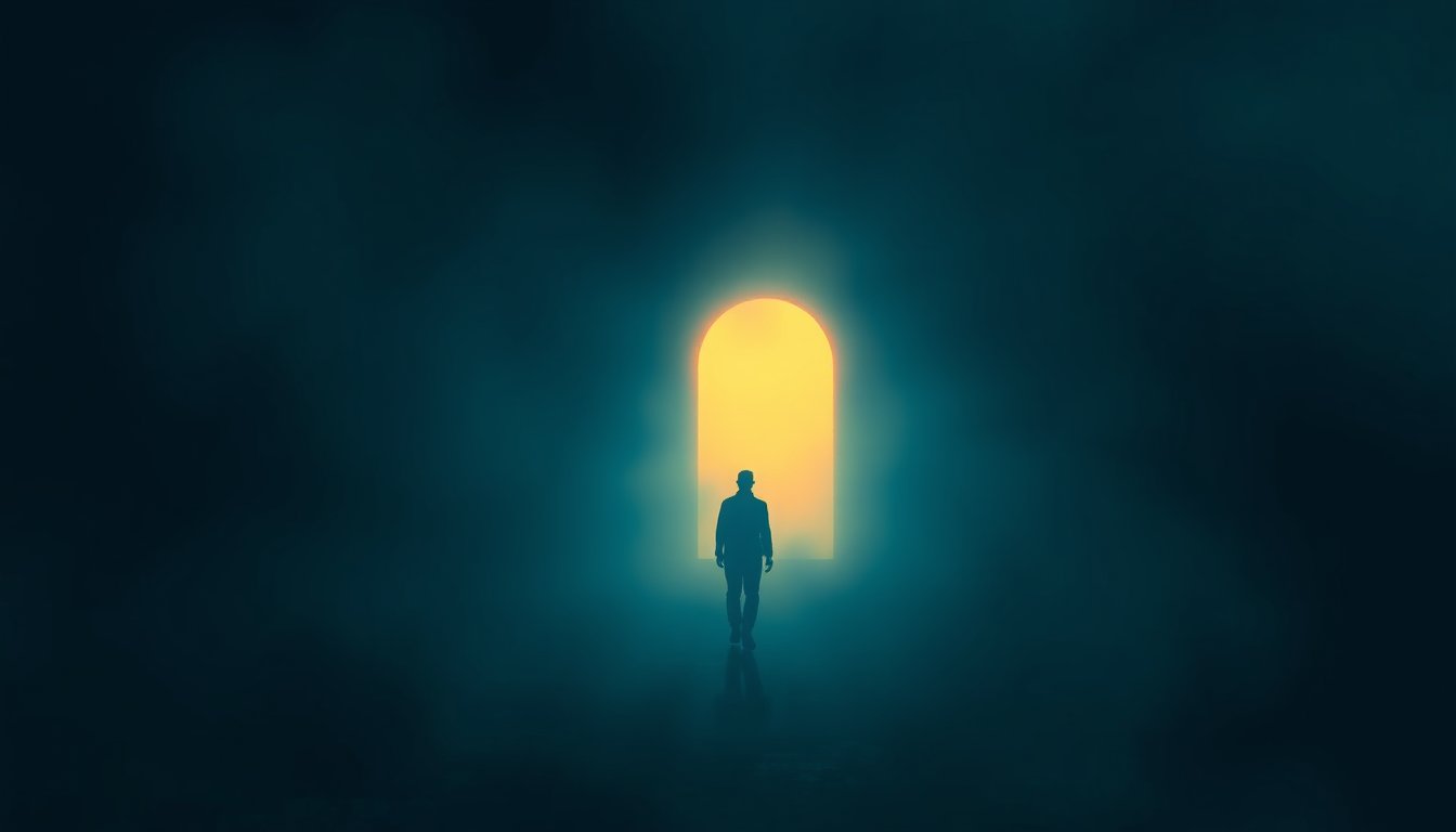 Figure walking toward a soft golden light in a dark dreamscape — dying dream meaning, endings and transformation
