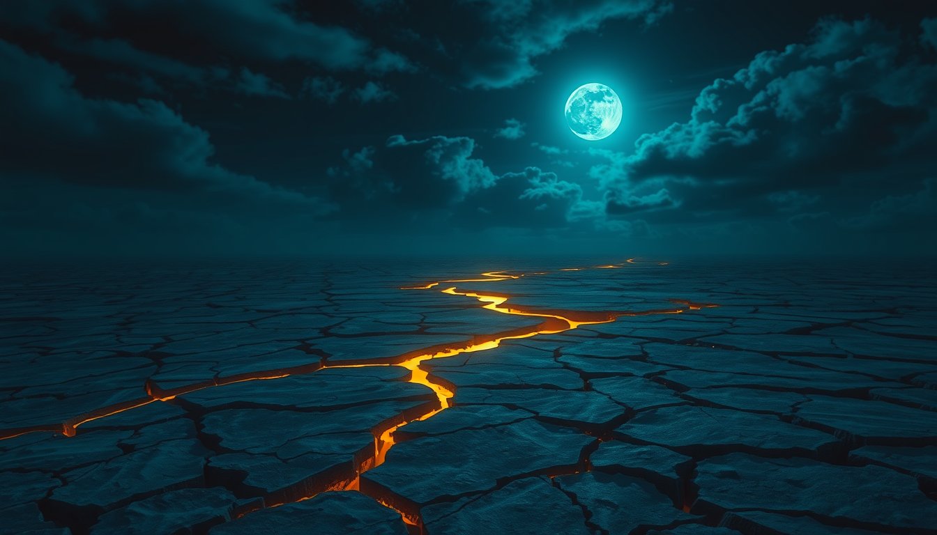 Cracked ground under a moonlit sky with a glowing fault line — earthquake dream meaning, upheaval and instability