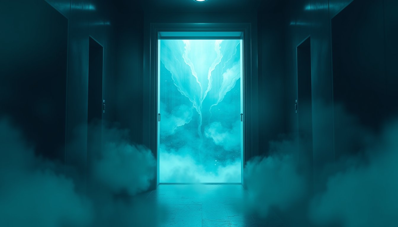 Elevator doors opening into a glowing dreamscape — elevator dream meaning, life transitions