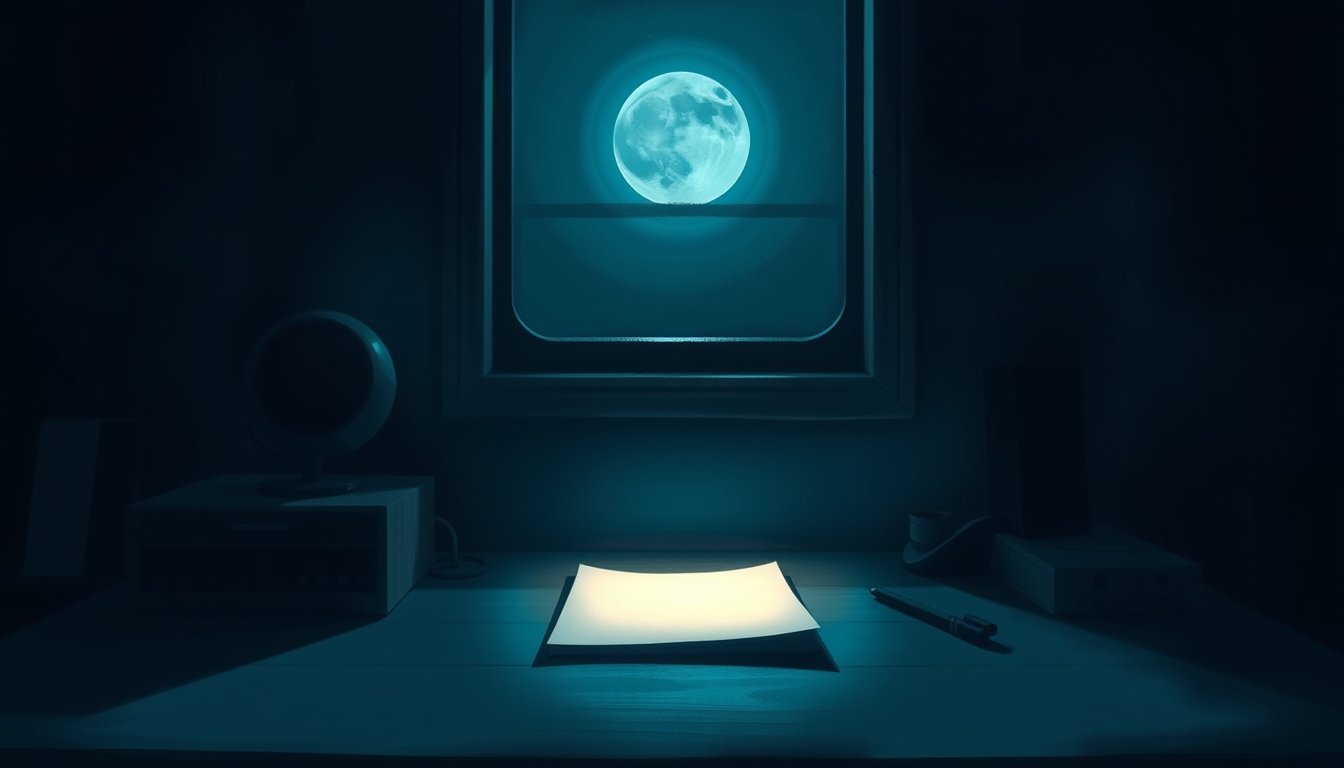 Desk with a single glowing paper under a moonlit window — exam dream meaning, pressure and self-judgment