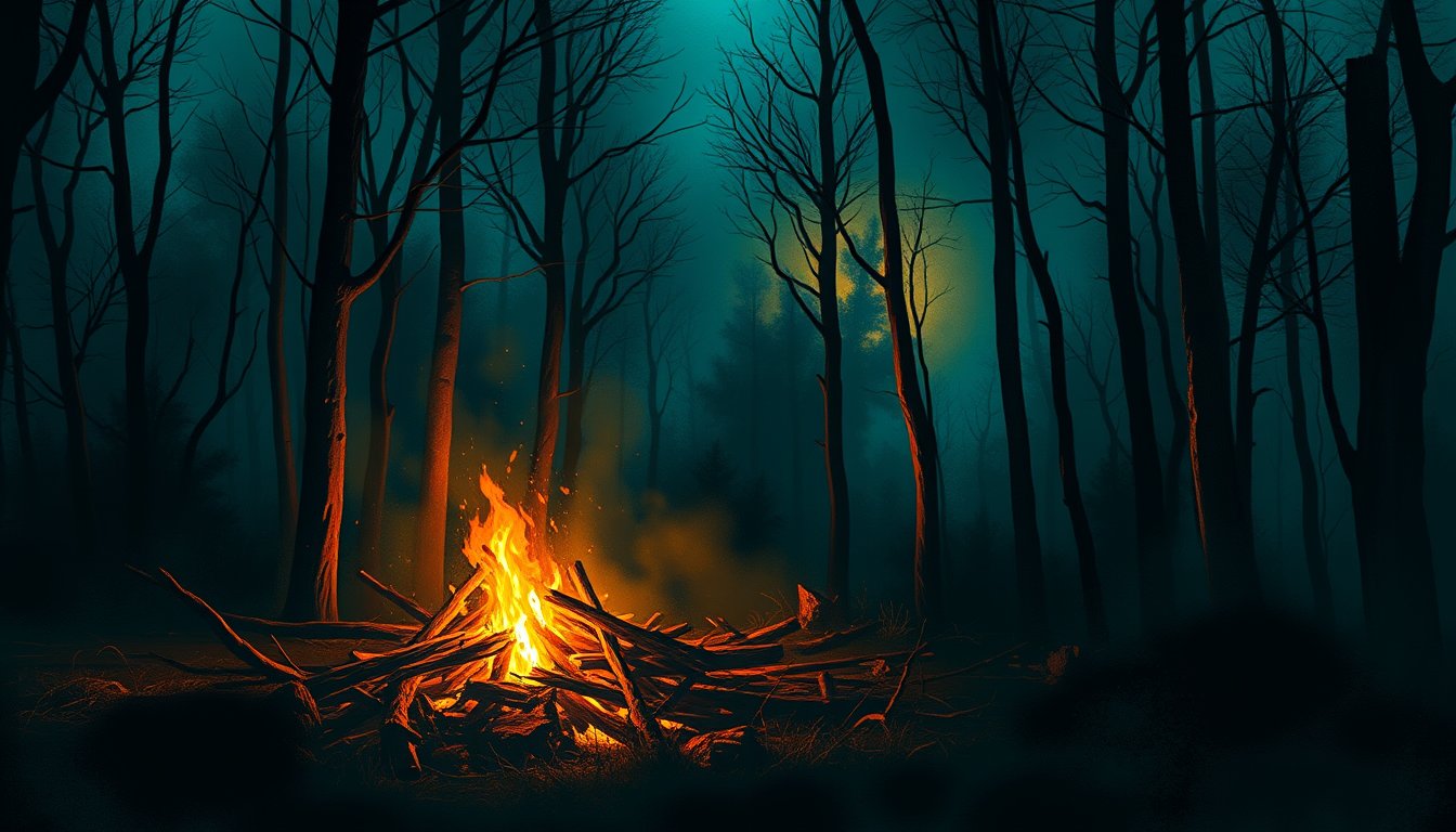 Warm firelight glowing in a dark dreamy forest — fire dream meaning, passion and transformation
