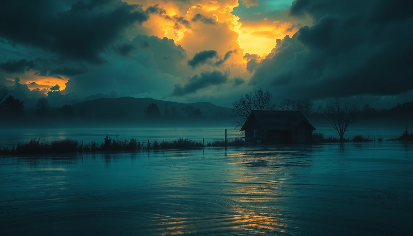 Rising floodwater around a small house at dusk under storm clouds — flood dream meaning, emotions overflowing