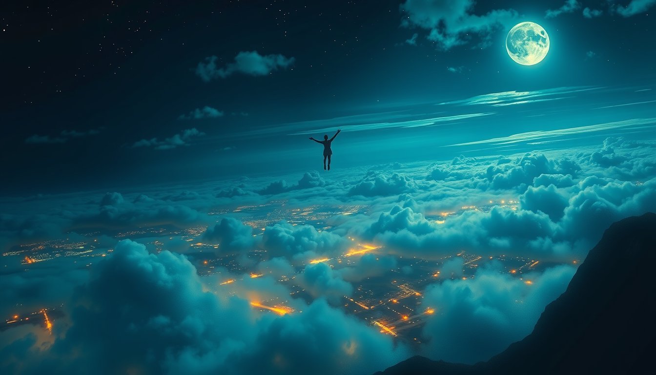 A person soaring above a glowing night city — flying dream meaning, freedom and release