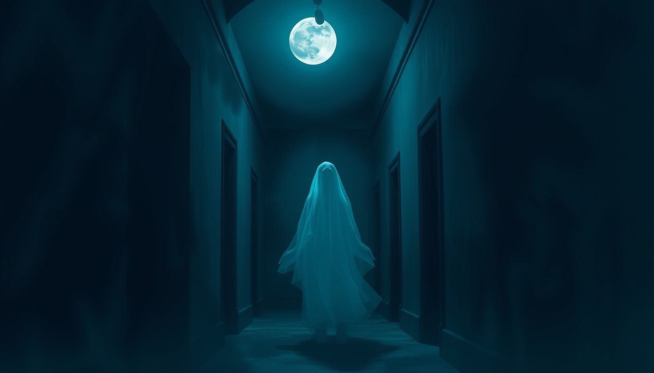 Translucent ghostly figure in a moonlit old hallway — ghost dream meaning, the past and unresolved feelings