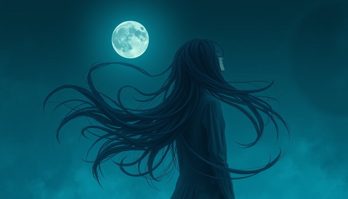 Long flowing hair caught in a gentle moonlit breeze — hair dream meaning, identity and vitality