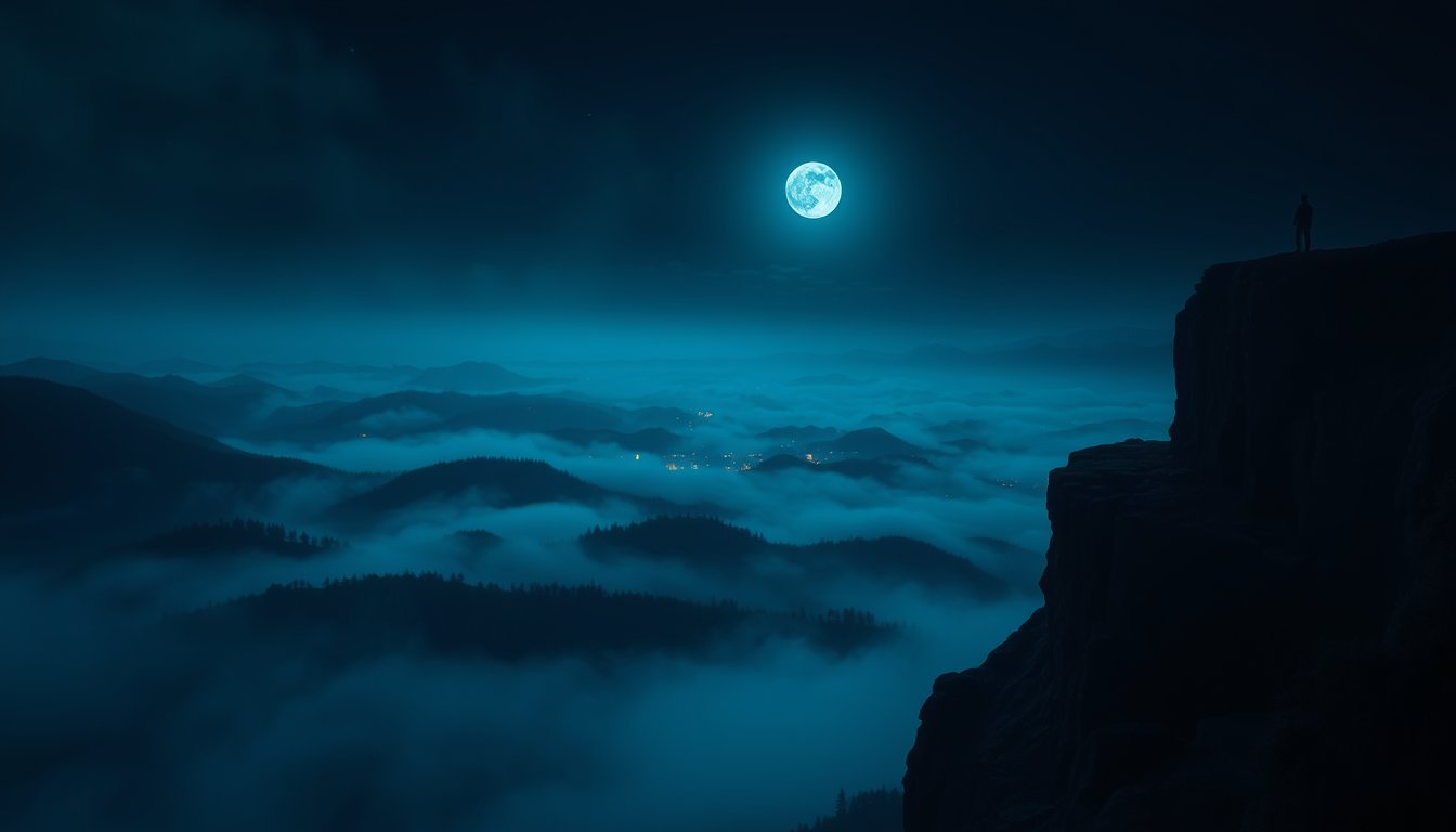 View from a high moonlit cliff edge over misty valleys — heights dream meaning, ambition and fear