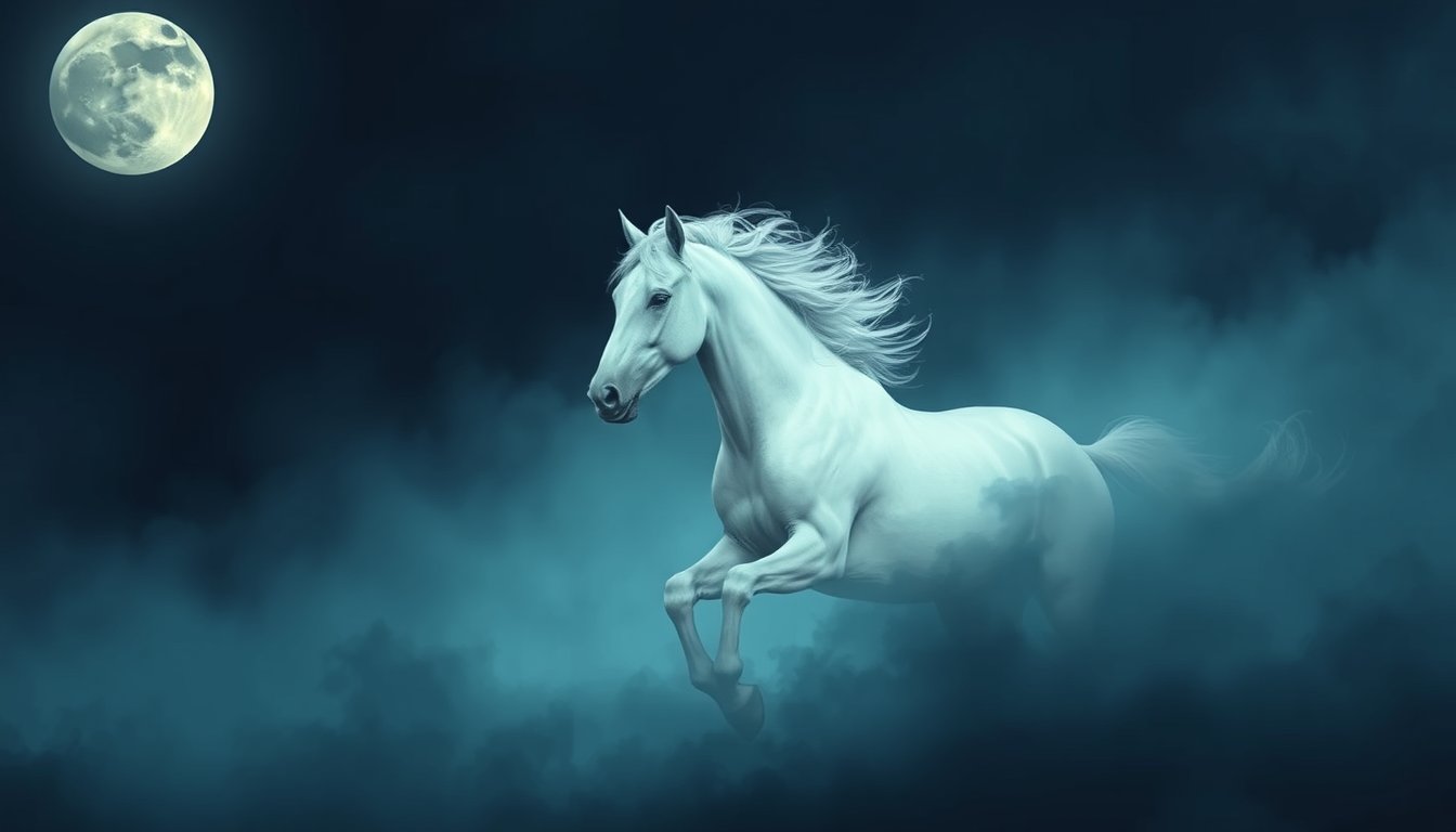 White horse galloping through moonlit mist — horse dream meaning, freedom and inner power