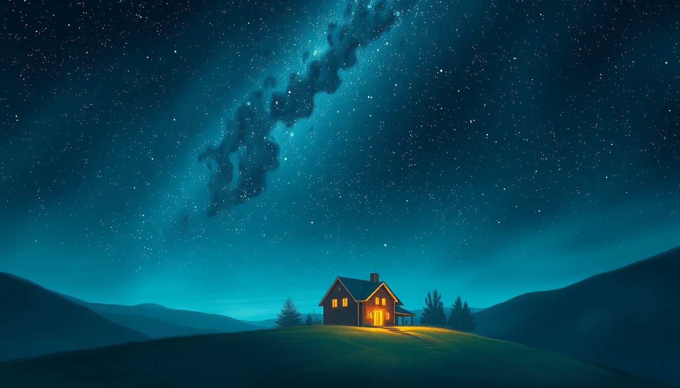 Warm glowing house on a hill under a starry night sky — house dream meaning, the self and security