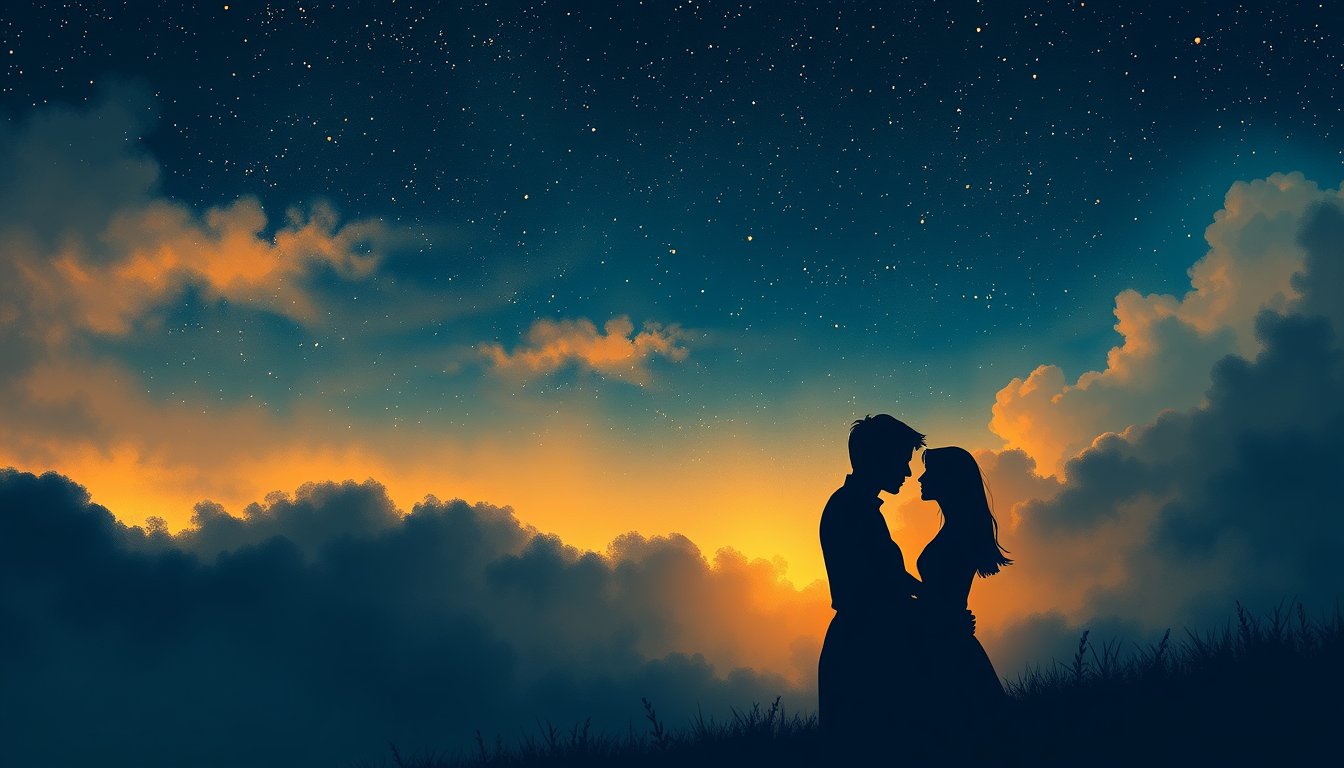 Two silhouettes close in warm golden light under a night sky — kissing dream meaning, connection and desire