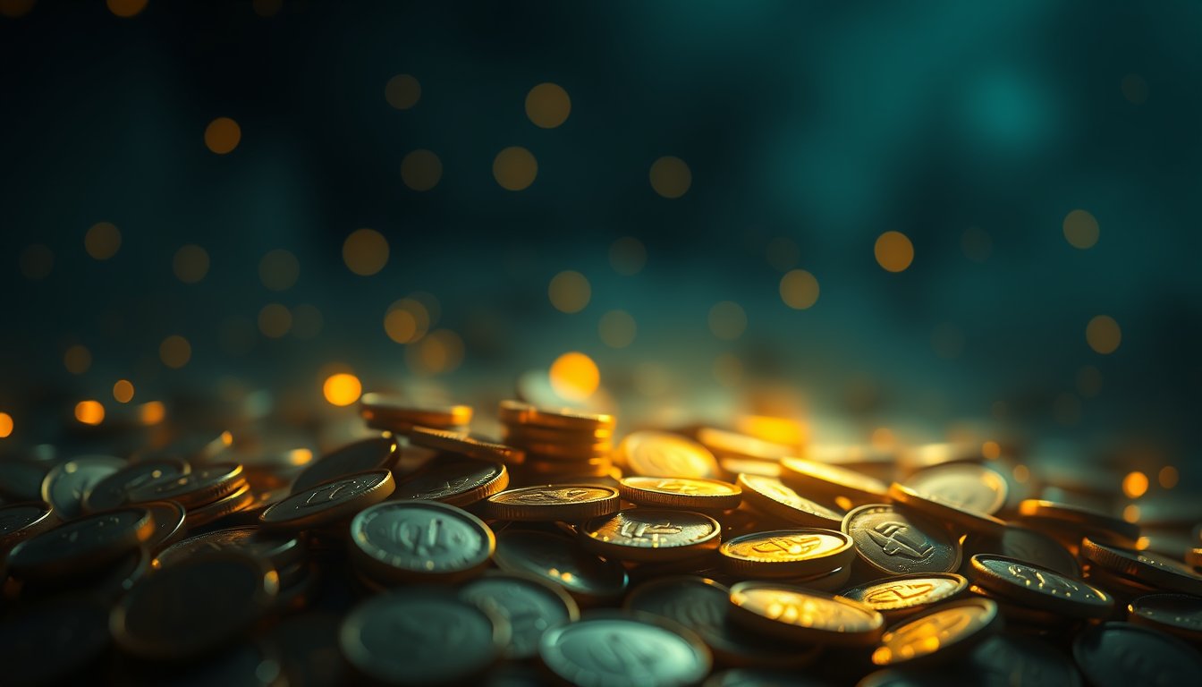 Golden coins glowing softly in a dark dreamy setting — money dream meaning, value and self-worth