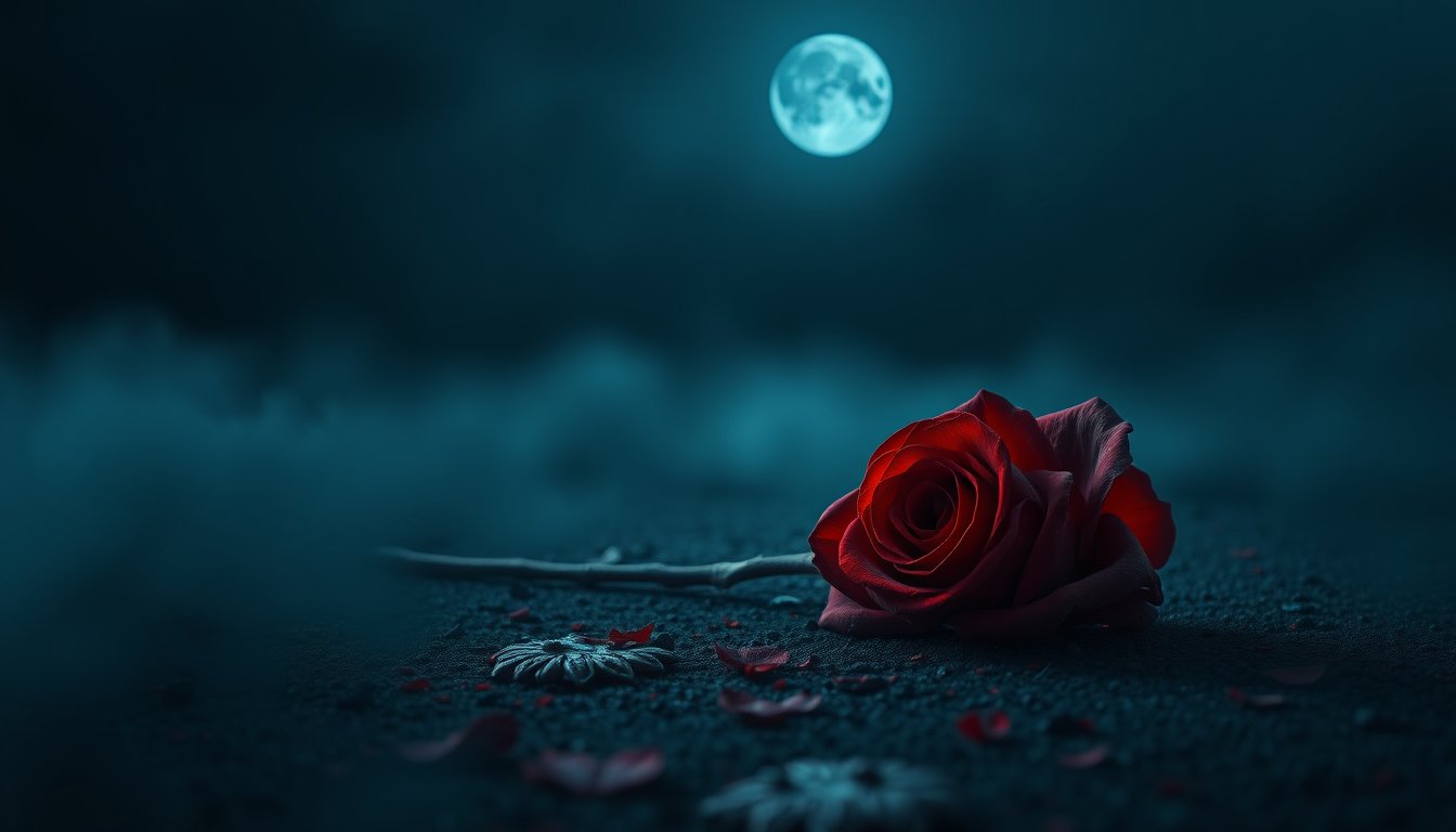 Dark dreamscape with a single red rose on misty ground at night — murder dream meaning, endings and intense change