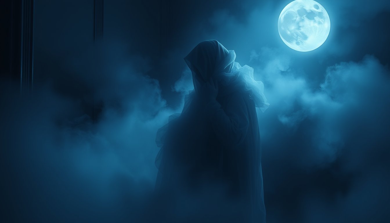 Figure wrapped in soft mist in a moonlit room — naked dream meaning, vulnerability and exposure