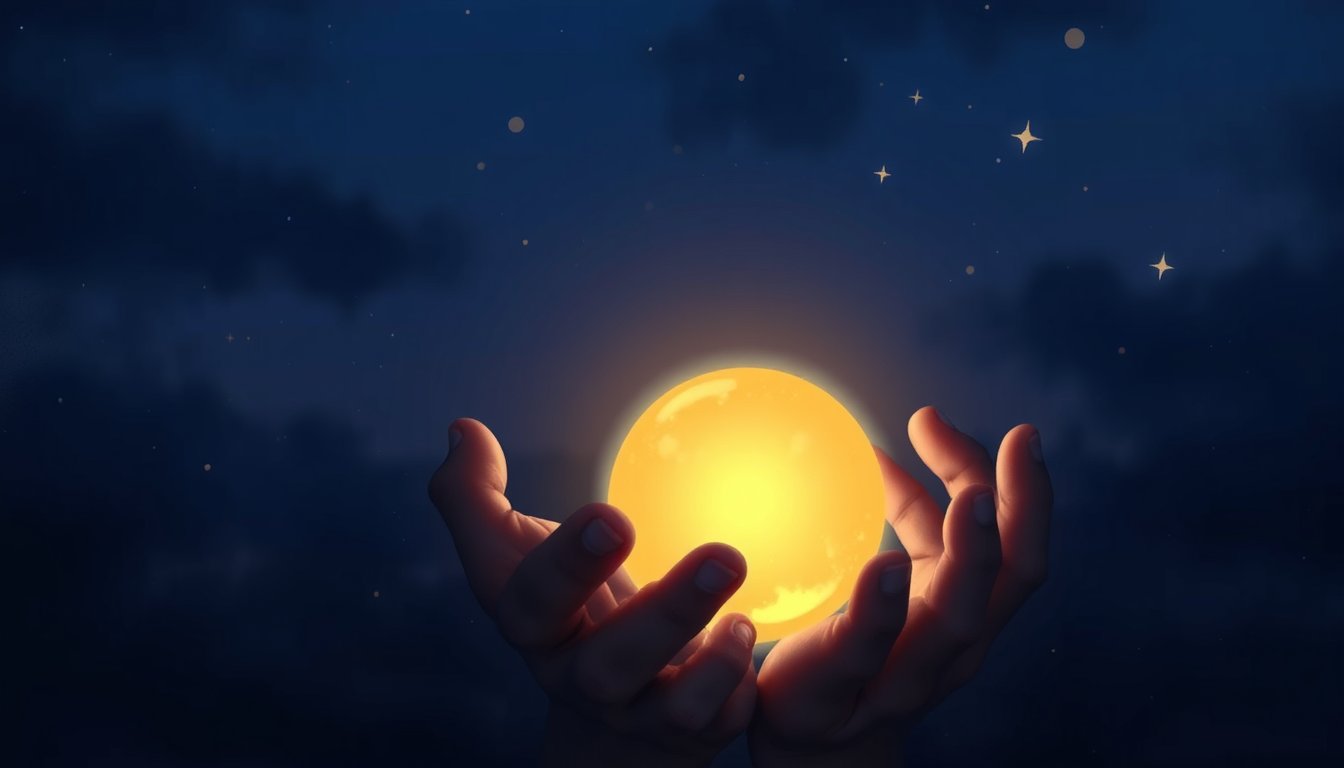 Soft glowing orb cradled in hands over a dark dreamy background — pregnancy dream meaning, new beginnings