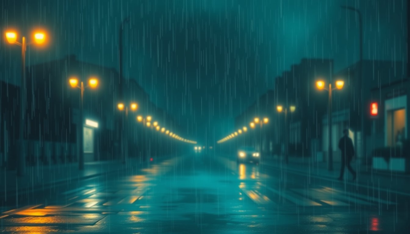 Gentle rain falling over a quiet night street with glowing lamps — rain dream meaning, cleansing and renewal