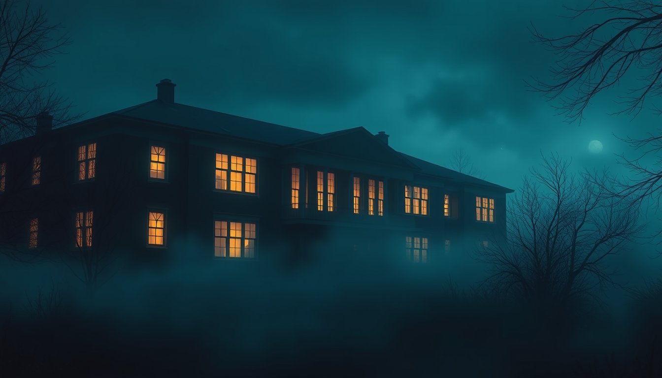 Old school building glowing softly in twilight mist — school dream meaning, learning and growth
