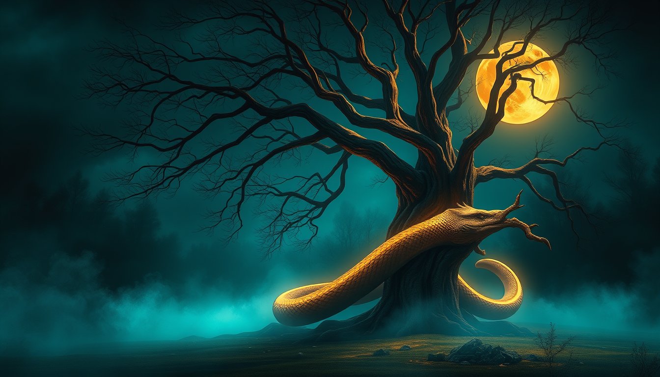 Serpent coiled around an ancient tree in moonlight — snake dream meaning, transformation and hidden fears