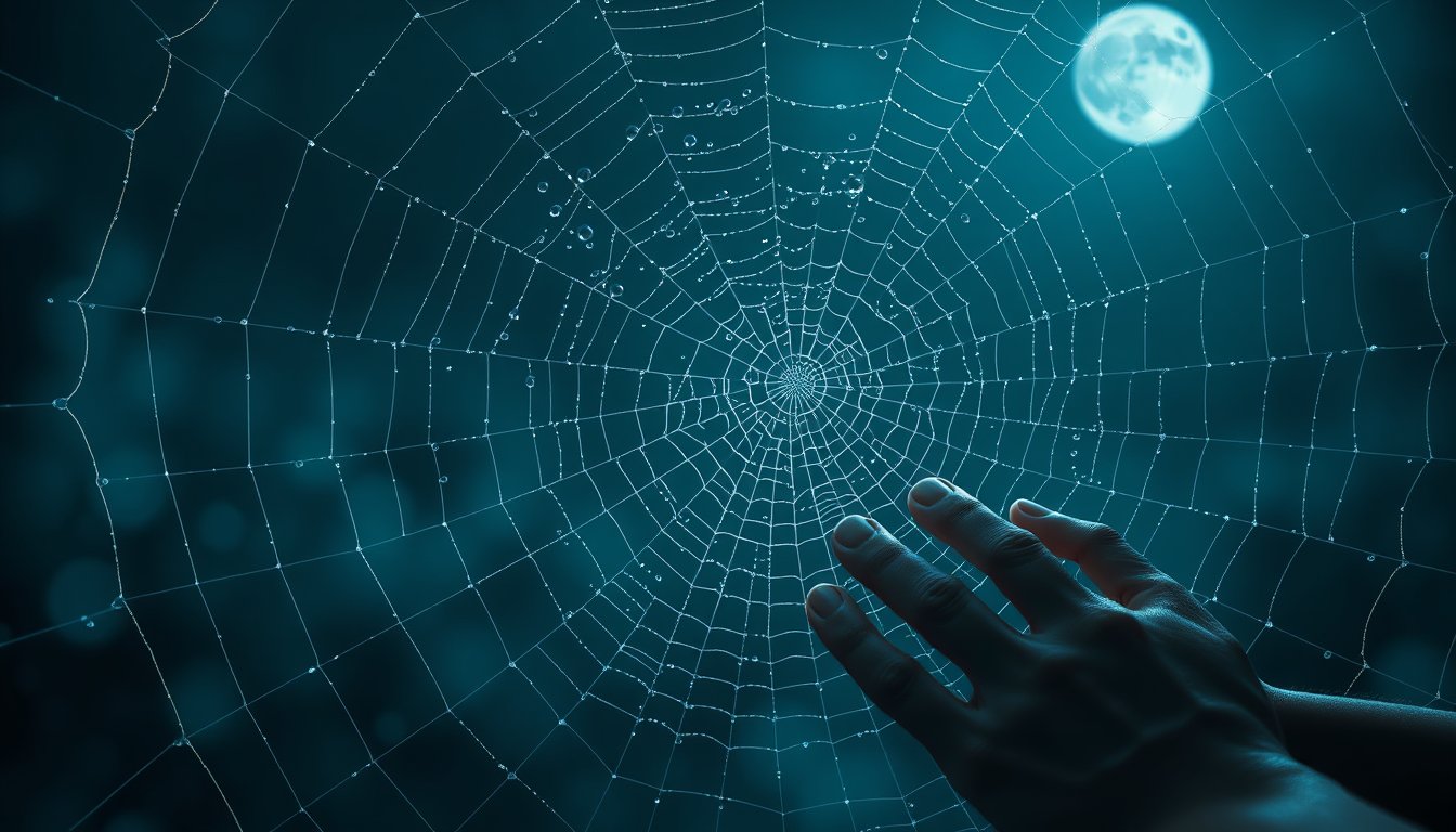 Large intricate spider web glistening with dew in moonlight — spider dream meaning, creativity and control