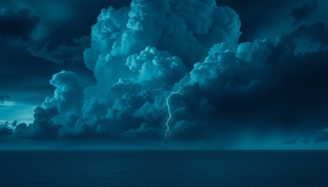 Dramatic storm clouds over a dark ocean with a single lightning flash — storm dream meaning, turmoil and release