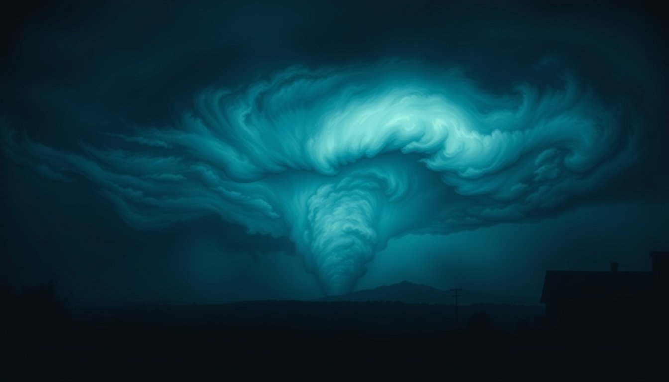 Distant tornado funnel under swirling night clouds — tornado dream meaning, chaos and uncontrollable change