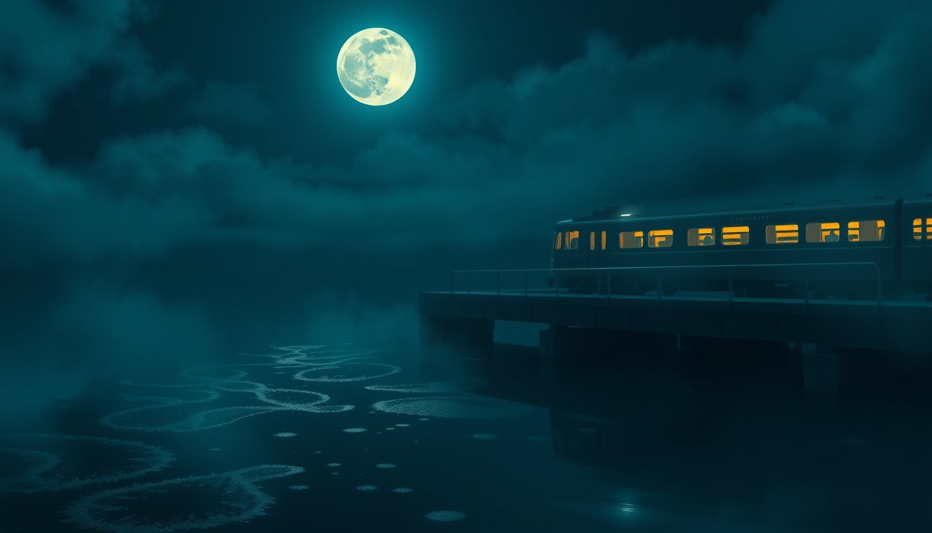 Train crossing a moonlit bridge over dark water — train dream meaning, life journey and direction
