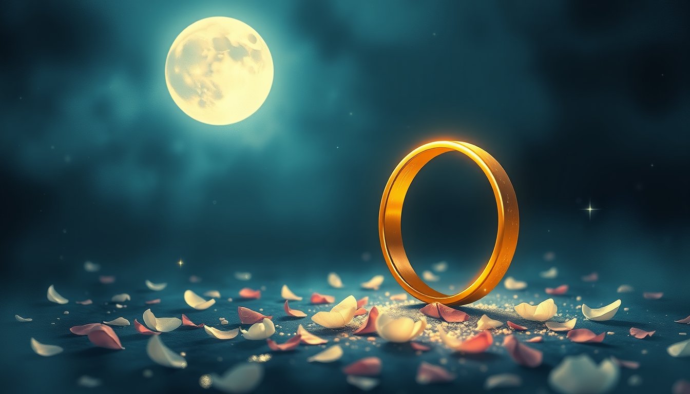 Two glowing rings and scattered petals in moonlight — wedding dream meaning, commitment and union